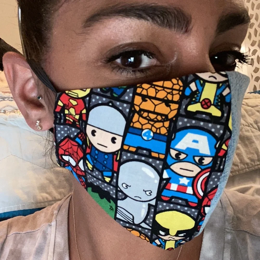 Hand Made DC superheroes print and denim face mask, M/L